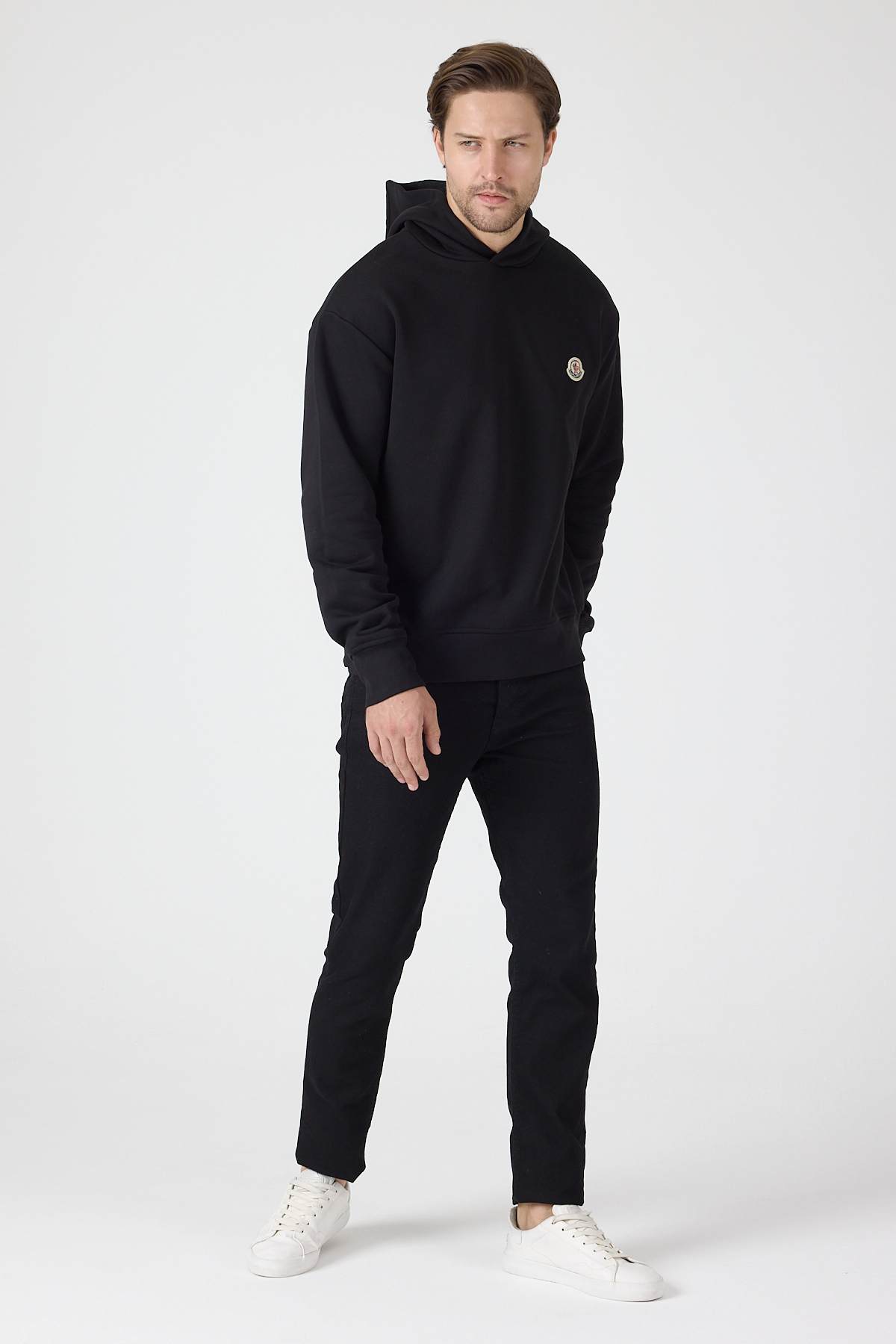 Black Logo Patch Cotton Hoodie - Image 6